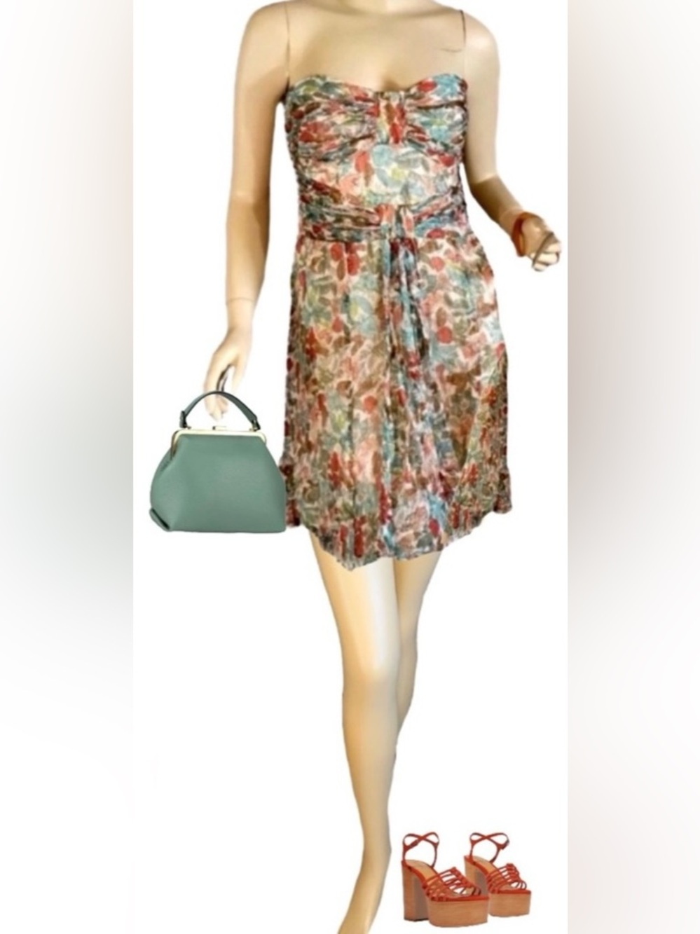 NANETTE LEPORE TEAL, ORANGE, CREAM & GOLD SILK CHIFFON STRAPLESS DRESS (6)